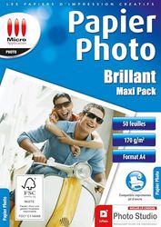 Micro Application - Papier Photo Brillant - Maxi Pack 50 Feuilles Papier Photo Brillant A4, 170 g/m², Séchage Rapide, Impressions - 9600 dpi, Compatible Imprimantes Jet d'Encre