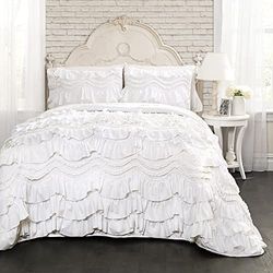 Lush Decor Kemmy Quilt-Conjunto de roupa de cama de 3 peças com textura com babados, tamanho King, poliéster, branco, casamento
