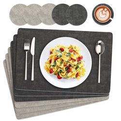 Euqvunn Set de Table et Dessous de Verre Lot de 6,[Double Face Bicolore ] Résistant à la Chaleur, et Antidérapant Sets de Table Lavable en PU pour Cuisine intérieur extérieur (43×30cm-Gris)