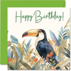 Toucan Birthday Cards - Floral Birds - Happy Birthday Card for Mum Dad Brother Sister Auntie Uncle Cousin Friend Family Colleague 145mm Bday Greeting Cards