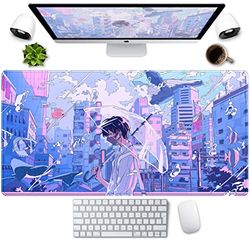Anime Kawaii skrivbordsmatta musmatta söt japansk stor spelmusmatta XXL, pastell estetisk lila blå laptop tangentbord musmatta, magisk fantasi stad flicka spelare dator skrivbordsmatta 80 x 40 cm