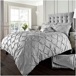 GC GAVENO CAVAILIA Pinch Pleated Super King Size Duvet Cover Sets- Geometric Pintuck Bedding- Polycotton Quilt Cover Set With Pillow Cases- Silver