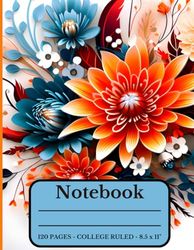 Composition Notebook - Orange Blue Floral Design : College Ruled - 120 Pages - 8.5 x 11": 9/32" (7.1 mm) Line Spacing with Vertical Margin 1⁄4" (32 mm)