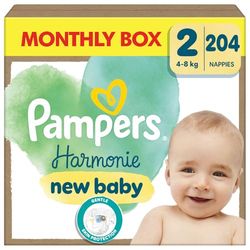 Pampers Pieluszki Rozmiar 2 (4-8 kg), Harmonie New Baby Pieluchy, 204 Sztuki, Ochrona Delikatnej Skóry i Składniki Pochodzenia Roślinnego