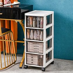 BAKAJI Space-Saving Chest with Drawers Shelves Storage Clear Polypropylene Trolley with 4 Wheels and Sturdy White Structure, Multi-Purpose Organizer, Large Capacity (4 Drawers)