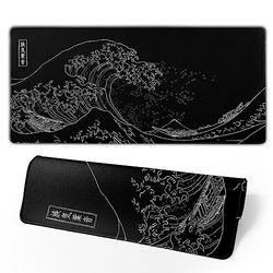 Japanse gaming muismat zwarte muismat Kanagawa grote muismat antislip rubberen basis waterdicht met gestikte randen voor gaming kantoor thuis, 70 x 29 cm (black wave)