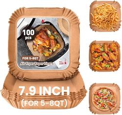KitchenBoss 100Pcs Air Fryer Liners: 8Inch/20cm Square Airfryer Liner Disposable, Non-Stick, Greaseproof, Food Grade Paper for Air Fryer Baskets, Compatible with Ninja, Tower, Cosori