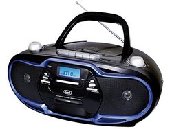 Trevi CMP 574 USB: Boombox microcorrente portátil com rádio AM/FM, reprodução de CD, MP3, USB, cassete e saída para auriculares. - Cor preta e detalhes em azul