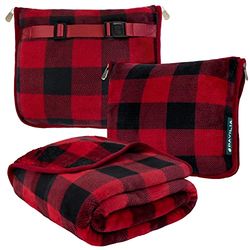 PAVILIA Travel Blanket and Pillow | Warm Soft Fleece 2-in-1 Combo Blanket for Airplane, Camping, Car Trips | Large Compact Blanket Set with Luggage Strap & Backpack Clip, 60 x 43 (Checker Red)