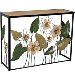 DRW Consoletafel van metaal en hout met bloemen, aarde en groentinten, 37 x 108 x 80 cm