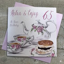 witte katoenen kaarten Ontspannen & Genieten 65, Handgemaakte 65e Verjaardagskaart (Thee & Taarten)