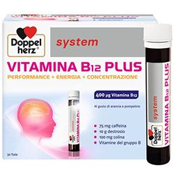 Doppelherz system VITAMIN B12 PLUS - Complemento Alimenticio con Dextrosa, Vitaminas del Grupo B, Cafeína y Colina, Sabor a Naranja y Pomelo, Sin Gluten ni Lactosa, 30 Viales