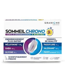 GRANIONS SOMMEIL CHRONO - Melatonine 1,9 mg Sommeil Adulte - Mélatonine + Valeriane + Passiflore + GABA - Sommeil 9 min temps d'endormissement - Melatonine Action Rapide - 1 MOIS-30 Comprimés bicouche