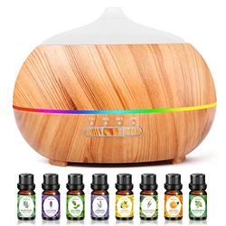 Aromaverstuiver luchtbevochtiger ultrasone vernevelaar: 500 ml geurlamp met oliën diffuser met 7 ledkleuren 8*10ml etherische olie, waterloos automatische uitschakeling, voor slaapkamer, kantoor, geel