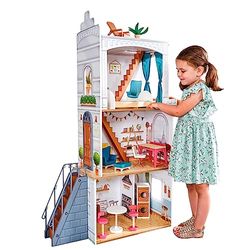 KidKraft Casa delle Bambole in Legno Rowan con Accessori e Mobili inclusi, Set da Gioco a 4 Piani con Terrazza sul Tetto per Bambole da 30 cm, Giocattolo per Bambini 3+ Anni, 10238