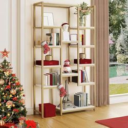 YITAHOME Boekenkast, rek voor zware lasten met 5 niveaus, opbergkast 30 x 100 x 180 cm, witte boekenkast voor kantoor, woonkamer, slaapkamer, goud en wit
