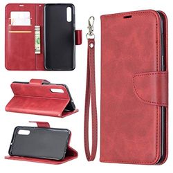 Carcasa de telefono Retro Lambskin Texture Pure Color Horizontal Flip PU Funda de Cuero for Galaxy A50, con Soporte y Ranuras for Tarjetas y Billetera y cordón (Negro) (Color : Rojo)