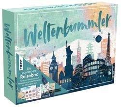 Wonderful travel box globetrotter: book with travel tips (DIN A5, 32 pages), travel journal (DIN A5, 128 pages), 2 brush pens, 12 travel cards, 12 wooden tags, 2 transfer sticker sheets, suitcase tag
