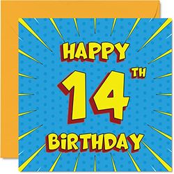 Fun 14th Birthday Cards for Boys Girls - Comic Book - Happy Birthday Card for Sister Granddaughter Grandson Son Daughter Brother Cousin Nephew Niece, 145mm Greeting Cards, 14th Card