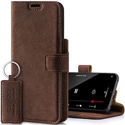SURAZO Prestige Leather Case for Samsung Galaxy S21 FE 5G - RFID Flip Wallet - 3 Card Slots & Cash Pocket - Secure Magnetic Closure & Kickstand - Real Leather Phone Cover (Nut)