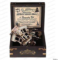 US HANDICRAFTS J. Scott London Brass Ship History Sextant With Hardwood Box. Vintage Solid Antique Brass Nautical Functional Maritime Sextant | Nautical Navy Decor Gifts.