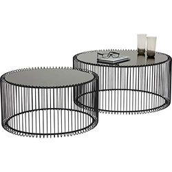 Kare Conjunto de mesa de centro com fios de 2, preto, 63/53 cm de diâmetro, mesa lateral sofá, mesa de cabeceira, estrutura em aço, placa de vidro de segurança, sala de estar, redonda, 34 x 70 x 70 cm