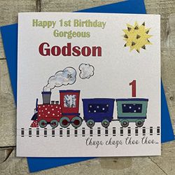 white cotton cards Handgemaakte Prachtige Godson 1 Choo Trein 1e Verjaardagskaart, Wit, N229