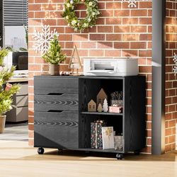 DUMOS Meuble de Rangement à roulettes avec 3 tiroirs et 2 Compartiments Ouverts, Convient pour Chambre à Coucher, Bureau (Noir)