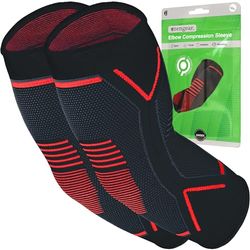 aZengear Elbow Support Brace (2 Pack) for Men, Women, Kids, Arm Compression Sleeves for Joints Tendonitis, Arthritis, Golf, Tennis, Weightlifting (Black w/Red, M)