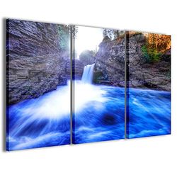 Stampe su Tela, Blue Waterfalls Cascada Azul Cuadros Modernos en 3 paneles ya enmarcados, canvas, listo para colgar, 90 x 60 cm