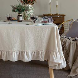 GLORY SEASON Nappe à Volants de Ferme rétro en Coton à Volants Garniture de Table Lavable nappes pour Table rectangulaire bébé Douche Cuisine fête de Mariage décor, Blanc (150x260cm)
