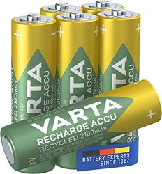 Varta Recharge Accu Recycled, pilhas de NiMh AA micro recarregável (pacote de 6 unidades, 2100 mAh) feitas com 11% de materiais reciclados - recarregáveis sem efeito de memória