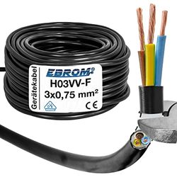 EBROM Plastslangledning rund, kabel, strömkabel, enhetskabel H03VV-F 3 x 0,75 mm² färg: svart, många längder i steg om 5 meter upp till 200 meter 3 G0,75 mm2, din kabellängd: 5 meter