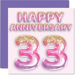 Mooie 33e verjaardag kaart voor vrouw vriendin man vriend - roze paarse glitter ballonnen - Happy 33 Anniversary Cards uit Family, 145mm x 145mm Wenskaarten voor dertig-derde jubilea