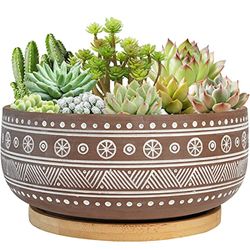 Thirtypot Terracotta vetplantenpot met drainagegat en bamboebak, bruine ronde verzonken bonsai-pot voor binnenplanten