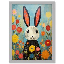 Funny Bunny Illustration Modern Floral Rabbit Animal Artwork for Kids Bedroom or Baby Nursery Artwork Framed A3 Wall Art Print