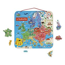 Janod - Mapa europeo magnético de madera - Recorrido por Europa en 40 imanes - Puzzle educativo con Ilustraciones para descubrir la geografía, para colgar en la pared - A Partir de 7 años, J05476
