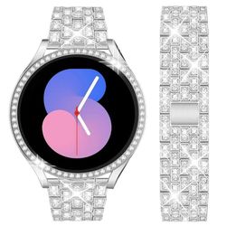 DEALELE Band Compatibel met Samsung Galaxy 5 40mm / 44mm / 5 Pro 45mm, 20mm Glimmend Strass Diamanten Metalen Armband met Protective Case Vervanging voor Vrouwen Mannen, 44mm, Zilver