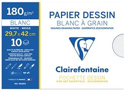 Clairefontaine 96185C - Pochette Dessin Scolaire - 10 Feuilles Papier Dessin Blanc à Grain - A3 29,7x42 cm 180g - Idéal pour les Arts Plastiques