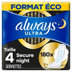 Always Ultra Serviettes Hygiéniques, Taille 4, Secure Night, 180 Serviettes Avec Ailettes, Flux Abondants Nuit, Format Eco, Max Confort, Super Absorbantes et Ultra Fines