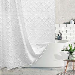 Tenda da doccia extra lunga bianca testurizzata in tessuto boho con nappe, 183 x 213 cm, moderna e minimalista, a righe a zigzag trapuntate, stile shabby chic, resistente all'acqua, per bagno,