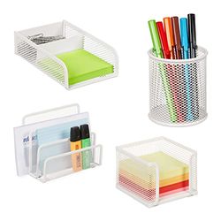 Relaxdays Desk Organiser Set, 4 Pieces, Document, Note Box, Paperclip & Pen Holder, Metal, White, Steel, Various Sizes