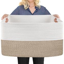 MEGASKET Extra Large Rectangle Cotton Rope Basket, 23.6" x 15.7" x 14.1", Brown, Cotton, Blanket, Toy, Laundry, Storage, Organizer