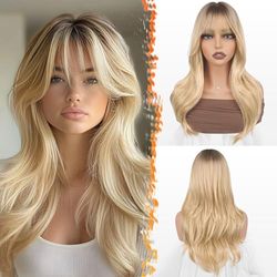 BARSDAR Ombre Blonde Wig with Fringe, 50 cm Layered Wig with Dark Roots for Women, Natural Look, Soft Wavy Synthetic Sabrina Wigs, Straight Haircut, Fringe, Daily Party