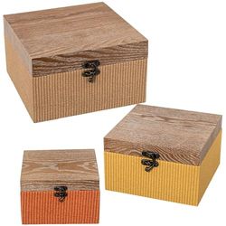 DRW Set di 3 scatole di legno decorate in vimini in marrone, arancione e giallo 24x24x14 cm