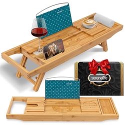 SereneLife Bamboo Bathtub Caddy with Adjustable Length, Non-Slip Handles, Integrated Device Holder and Wine Glass Slot - Expandable Design for Comfortable Bathing