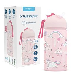 Wessper Bouteille Eau Enfant, Gourde Isotherme Enfants 410ml, Embout Confortable avec Paille, Sans Bisphénol BPA FREE, Léger et Facile à Utiliser, Unicorn Motif