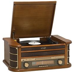 DENVER Electronics MCR-50 Lecteur de disques vinyles Design rétro. Radio FM/AM. Lecteur CD et Cassette. Haut-parleurs 5W. Fonction d'enregistrement. Boîtier en Bois