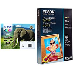 Epson 24XL Serie Elefante Cartuccia Originale, Multipack, XL, 6 Colori & Carta Fotografica Lucida, 10x15cm, 100 Fogli, Bianco