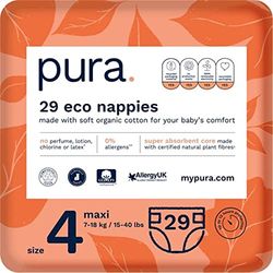 Pura Couches Bébé, Taille 4 (Maxi 7-18kg), 29 Couches (1 Paquet), Certifiées EU Ecolabel, Adaptées Aux Peaux Sensibles, en Coton Biologique, Sans Parfum, Ultra-Absorbantes